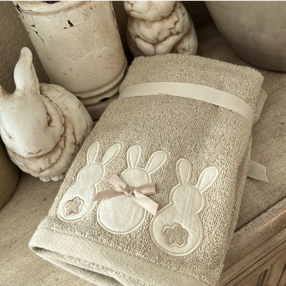 Cottage Farmhouse Boho Easter Spring bunnies beige cotton hand towels